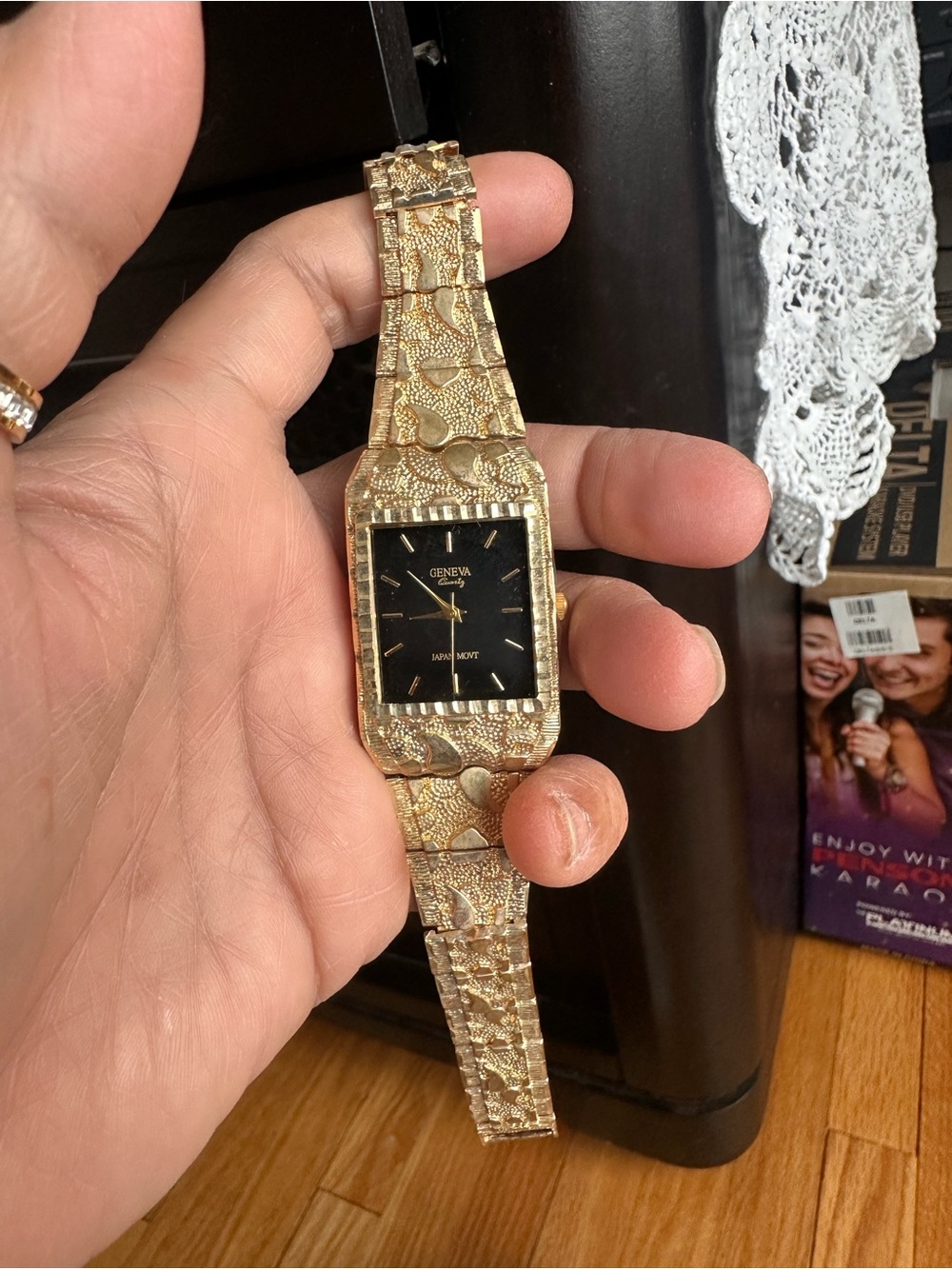 Geneva Gold-Tone Textured Bracelet Watch with Black Dial